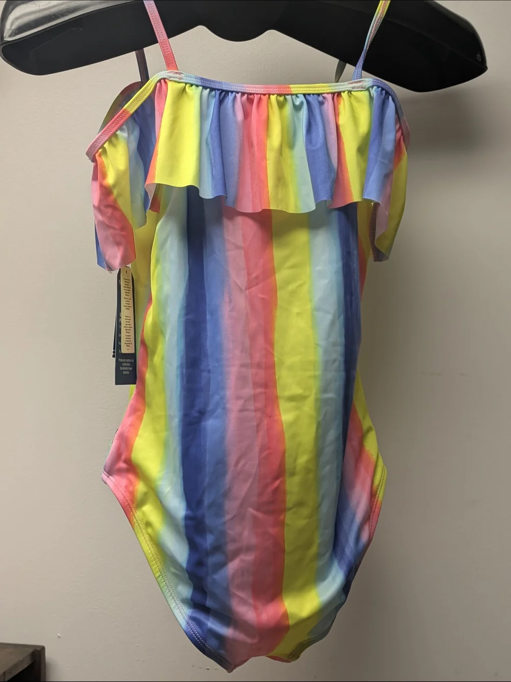 Nautica Girls 12/14 Rainbow Stripe On Off Shoulder Ruffle One-Piece Swimsuit